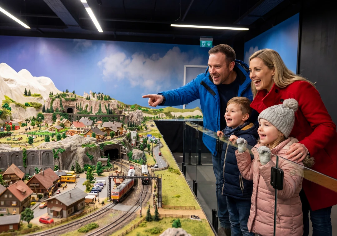 Explore diferentes ambientes e ferrovias em miniatura.